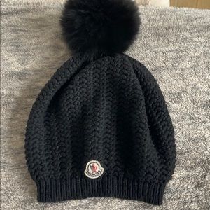Moncler Black Knit Beanie with fur pom pom